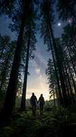 Couple holding hands walking through tall forest at night under starry sky with moon visible above trees and moss-covered ground.