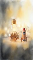 Light bulb with mechanical gears inside next to toy rocket with upward arrows on warm bokeh background representing innovation and startup growth.