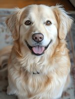 Golden retriever with cream and light tan coat sitting outdoors, tongue out, happy expression. Suitable for pet care, veterinary, and animal wellness content.