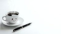 Cute smiling coffee cup with hot steam and elegant pen on clean white surface for morning productivity and workplace motivation concepts.