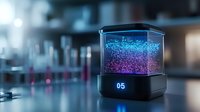 Glowing cube display with vibrant blue and purple particles floating in transparent container, digital counter base emitting neon light in dark laboratory setting.