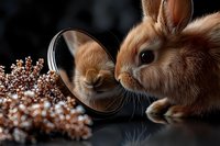 Adorable brown bunny looking at its reflection in round mirror next to dried flowers on dark background, creating magical and dreamy atmosphere.