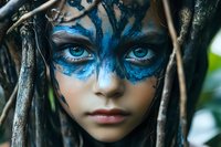 Young woman with striking blue eyes and elaborate tribal face paint in metallic blue tones, surrounded by natural branches for fantasy or cultural themes.