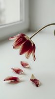 Wilted burgundy tulip with fallen petals on white surface near window, symbolizing loss, decay, and the passage of time in floral still life photography.