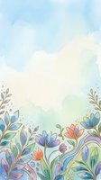 Watercolor floral border with soft pastel blooms and foliage on light sky background, ideal for greeting cards, invitations, and stationery design projects.