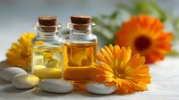 Natural essential oils in glass bottles with cork stoppers surrounded by orange calendula flowers and white stones for aromatherapy and wellness.