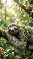 Adorable sloth hanging on tree branch in lush tropical rainforest with soft bokeh light filtering through green canopy during peaceful afternoon.