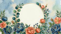 Watercolor floral frame with navy blue and coral peonies, green eucalyptus, gold circle border on soft blue background for wedding or greeting card.