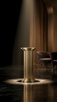 Elegant golden column pedestal in luxury interior with warm lighting and marble floor for premium display and sophisticated decor applications.