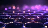 Glowing hexagonal grid pattern with purple and orange bokeh lights creating futuristic network visualization background for technology concepts.