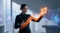 Young professional male with dark hair and olive complexion wearing formal black business attire, gesturing toward glowing orange upward arrow symbol in modern office environment with digital charts and graphs, representing financial growth and business success.