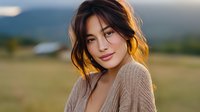Young Asian woman with loose hair in beige cardigan against blurred natural landscape at golden hour, soft warm lighting creates dreamy atmosphere.