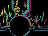 Neon music waveform with treble clef and notes on black background for audio production and sound design projects.