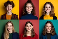 Collage of young women with curly and straight hair smiling against colorful backgrounds, showcasing diverse natural beauty and positive emotions.