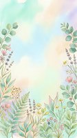 Soft watercolor floral border with pastel wildflowers, herbs, and green leaves on a dreamy gradient background for cards and invitations.