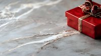 Elegant red gift box with gold ribbon and decorative berries on luxurious marble surface, perfect for holiday or celebration designs.