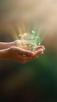 Hands holding glowing globe with carbon neutral symbol and green leaf icons, representing environmental sustainability, eco-friendly business practices, and climate action commitment.