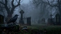 Dark moody cemetery scene with black crow perched on moss-covered stone, gothic iron fence and gravestones shrouded in fog, atmospheric graveyard setting for horror, gothic, and Halloween projects.