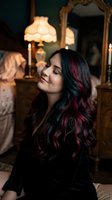 Woman with long black and burgundy highlighted hair posing in vintage-inspired room with warm lamp lighting and ornate mirror, suitable for beauty and lifestyle content.