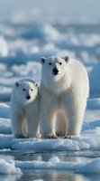 Polar bear mother with cub standing on ice floe in Arctic wilderness. Wildlife family portrait showcasing maternal bond in frozen natural habitat.