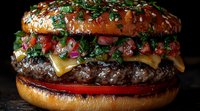 Juicy cheeseburger with melted cheese, fresh vegetables, sesame seed bun and sauce closeup on dark background. Appetizing fast food photography.