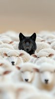 Black wolf head emerging among white sheep flock, striking contrast between predator and prey showing nature's deceptive camouflage and survival instinct.