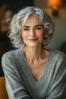 Confident mature Caucasian woman with natural gray wavy hair and warm smile wearing cozy gray sweater against soft blurred background. Portrait showcases aging gracefully.