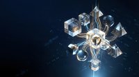 Futuristic blockchain network with glowing geometric cubes and spheres connected by golden light streams on dark blue technology background.