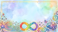 Pastel watercolor background with colorful infinity symbol, decorative swirls, butterflies, and geometric elements. Isolated design for creative projects.