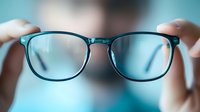 Person holding stylish blue eyeglasses against blurred background, demonstrating optical clarity and modern frame design for vision correction.