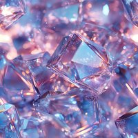 Shimmering ice cubes with pink and blue reflections create magical light effects in macro photography, abstract crystalline background with bokeh and sparkles.