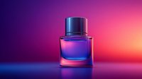 Luxury perfume bottle with vibrant gradient lighting on reflective surface. Modern cosmetic product photography for beauty and fragrance advertising campaigns.