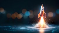 Retro rocket launching from water surface with bright flame and splash effect against dark background with bokeh lights. Startup business concept.