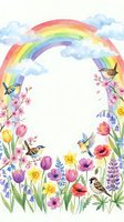 Watercolor spring frame with rainbow, birds and flowers on white background. Colorful border with tulips, daffodils, cherry blossoms for greeting cards.