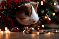 Adorable guinea pig wearing festive red knitted sweater surrounded by Christmas lights and ornaments creating cozy holiday atmosphere for seasonal greeting cards.