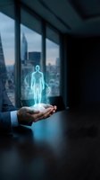 Businessman hands holding glowing holographic human figure in modern office with city skyline view representing digital transformation and innovation.