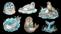 Watercolor seal and otter clipart set with six cute arctic animal stickers, isolated on transparent background, ready for t-shirt design, print on demand, and sublimation.