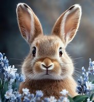 Adorable brown rabbit with large ears sitting among purple lavender flowers in natural outdoor setting for spring wildlife photography.