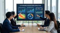 Business team analyzing AI-powered advertising analytics dashboard with charts and graphs in modern conference room meeting.