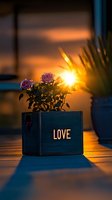 Pink roses in wooden box with glowing love text against golden sunset background, creating romantic atmosphere with palm leaves silhouette.
