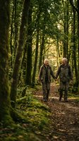 Senior couple walking hand in hand through lush green forest path wearing outdoor clothing enjoying nature hike together in peaceful woodland setting.