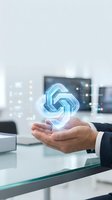 Businessman holding glowing cloud computing symbol with interconnected arrows in modern office environment, representing data storage, network technology, and digital transformation solutions.