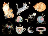 Cute cat clipart set with cats, paw, fish bone, yarn, teacup, moon, and collar, isolated on transparent background. Great for stickers, t-shirts, and print on demand.