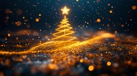 Magical glowing Christmas tree made of golden light spiral with shining star on top against dark background with bokeh lights and sparkles. For holiday designs.