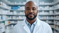 African American male pharmacist smiling confidently in modern pharmacy setting with medication shelves in background, wearing white lab coat and blue shirt.