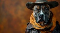 Brindle pit bull dog wearing cowboy hat and orange bandana against rustic brown background, styled as western character for pet photography.