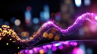 Glowing purple wave of magical light particles flowing against dark background with colorful bokeh lights creating dreamy atmospheric effect. Perfect for fantasy designs.