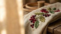 Embroidered linen napkin with grape vine pattern on rustic wooden table setting for elegant dining and kitchen decor.