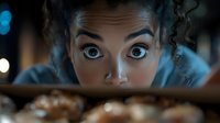 Young woman with curly hair and expressive eyes peering closely at freshly baked cookies cooling on rack, captured in dramatic lighting with shallow depth of field.