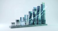 Modern glass skyscrapers rising from platform in ascending heights creating urban growth concept for business development and real estate investment presentations.
